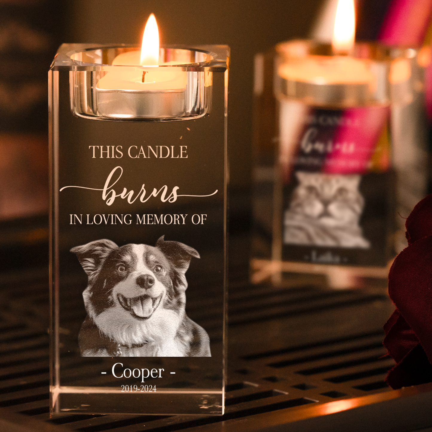 This Candle Burns In Loving Memory Of Loss Pet - Personalized Photo Crystal Candle Holder