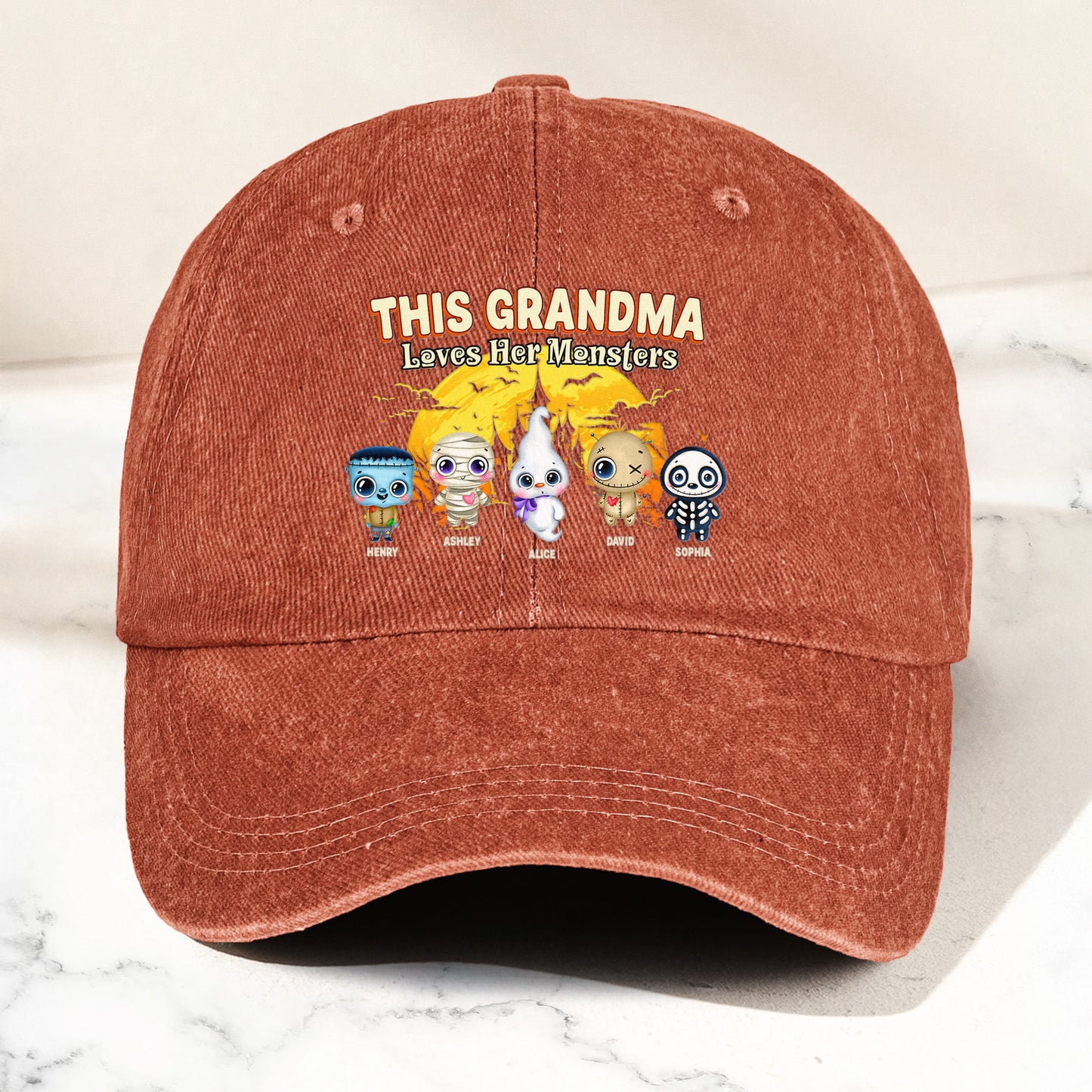 This Grandma Loves Her Monsters Halloween - Personalized Distressed Denim Cap