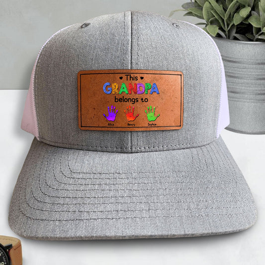 This Grandpa Belongs To - Handprints Version - Personalized Leather Patch Hat