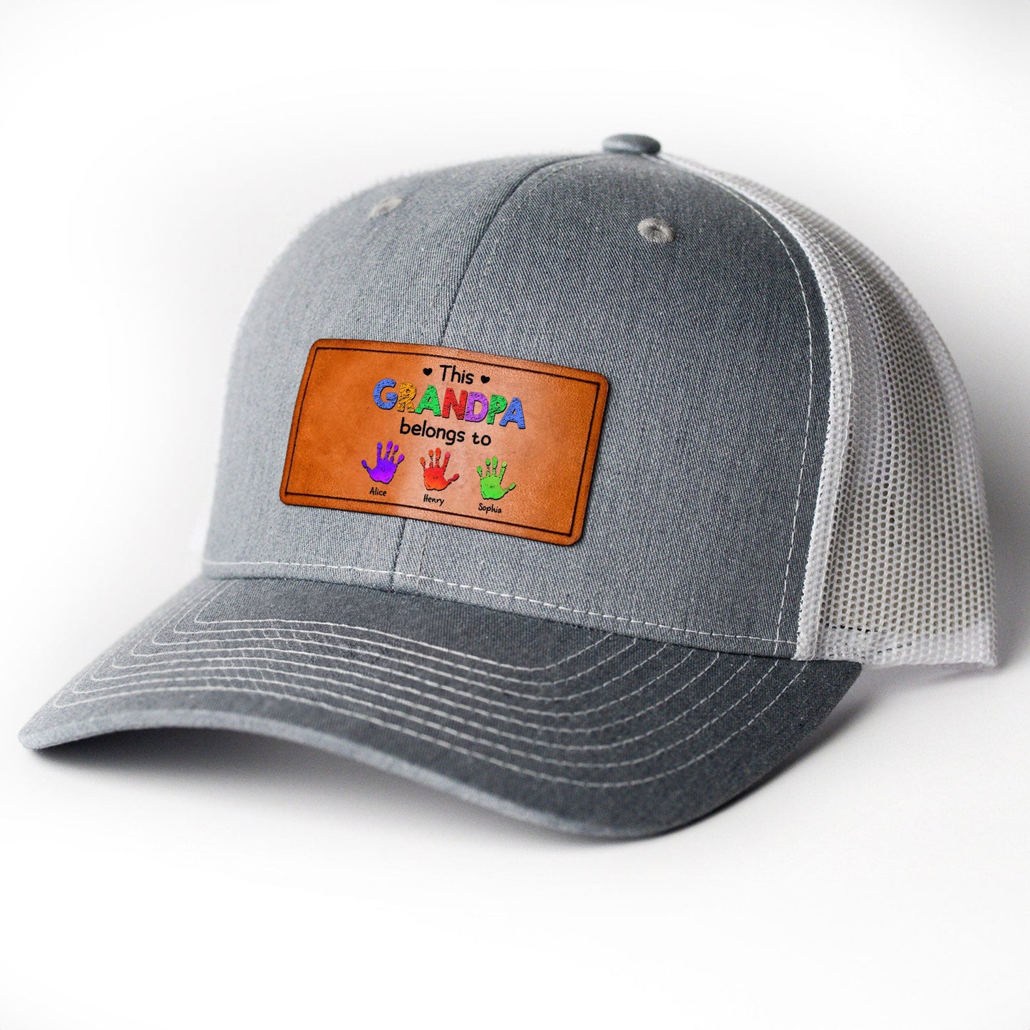 This Grandpa Belongs To - Handprints Version - Personalized Leather Patch Hat