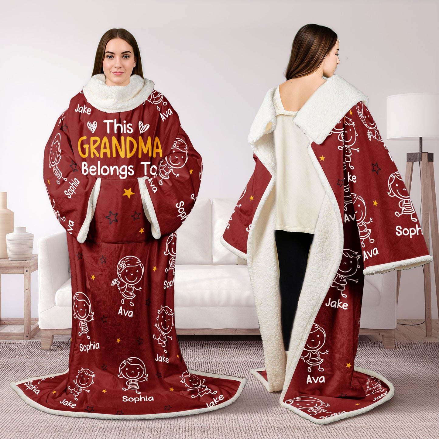 This Grandpa Grandma Belongs To - Personalized Wearable Blanket Hoodie With Sleeves