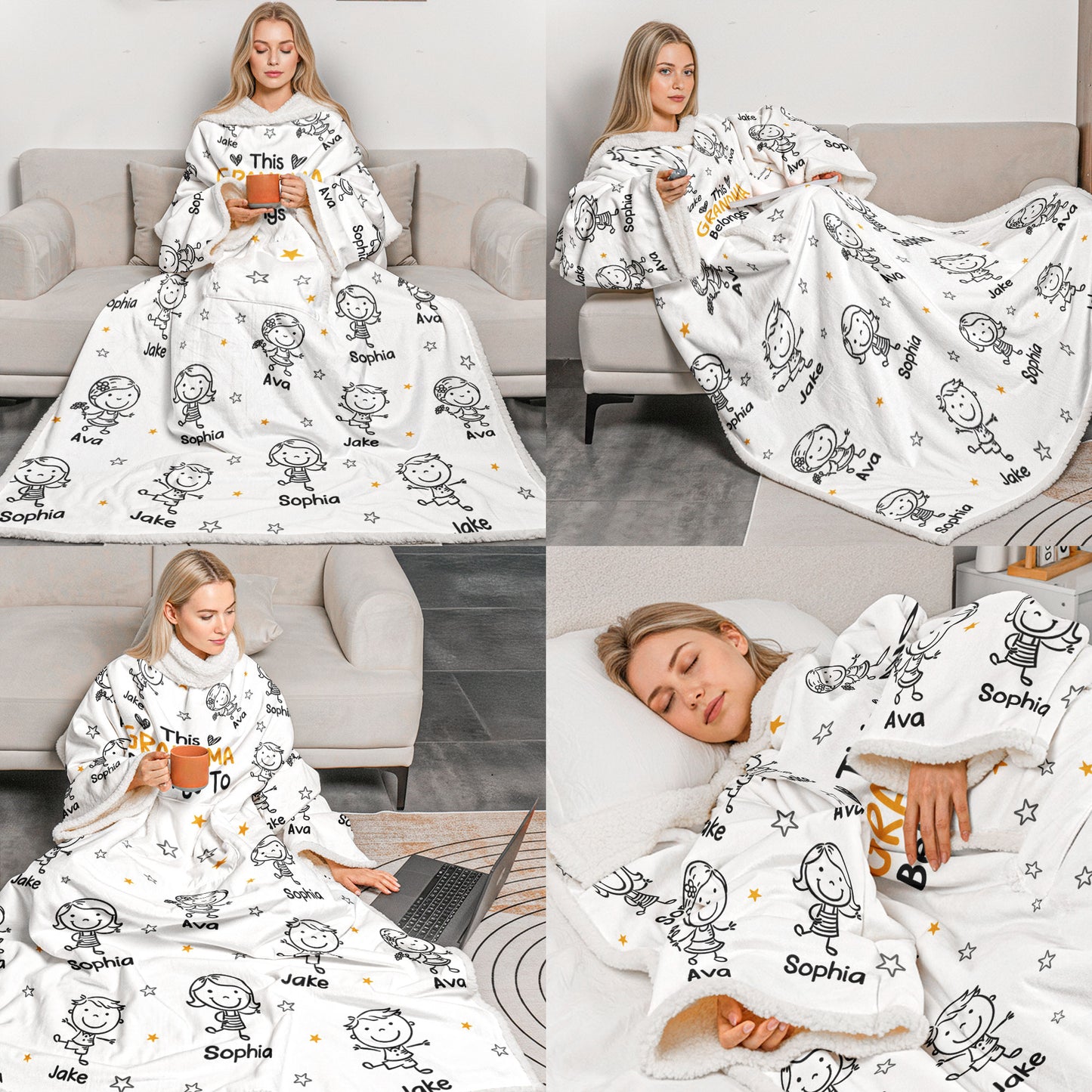 This Grandpa Grandma Belongs To - Personalized Wearable Blanket Hoodie With Sleeves