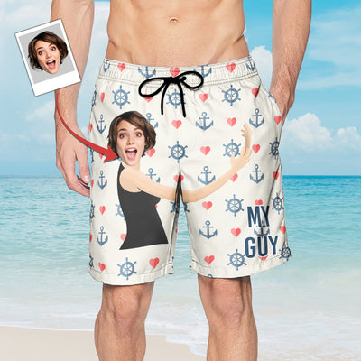 This Is My Guy With Marine Pattern - Personalized Photo Men's Beach Shorts