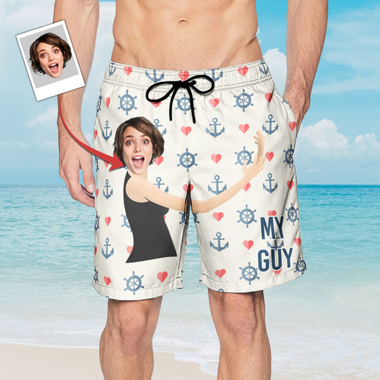 This Is My Guy With Marine Pattern - Personalized Photo Beach Shorts