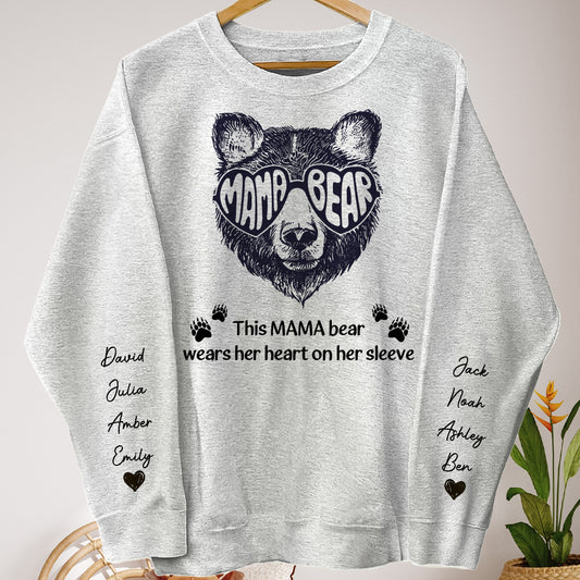 This Mama Bear Wears Her Heart On Her Sleeve - Up To 12 Names - Personalized Sweatshirt