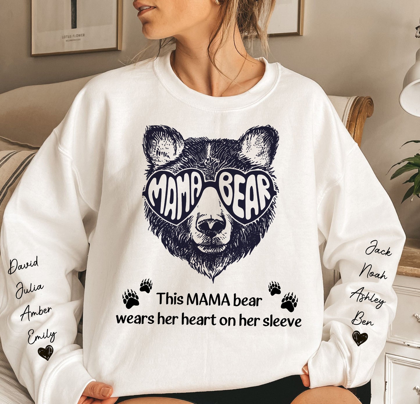 This Mama Bear Wears Her Heart On Her Sleeve - Up To 12 Names - Personalized Sweatshirt
