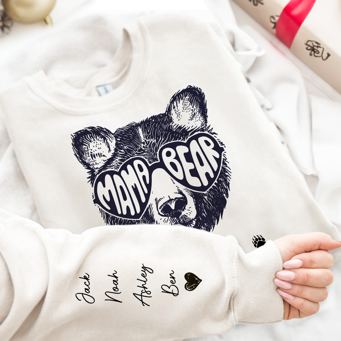 This Mama Bear Wears Her Heart On Her Sleeve - Up To 12 Names - Personalized Sweatshirt