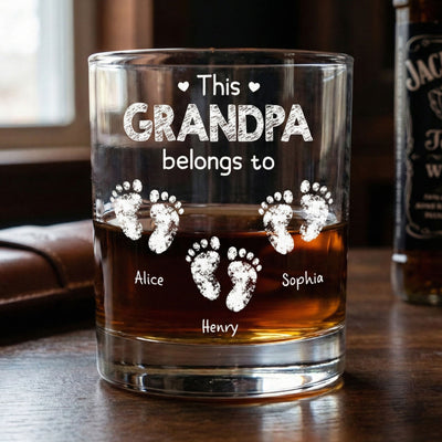This Grandpa Belongs To - Cute Footprints - Personalized Whiskey Glass