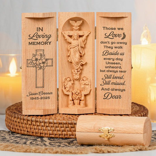 Those-We-Love-Don't-Go-Away-Memorial-Personalized-Openable-Wooden-Cylinder-Sculpture-of-Jesus-1