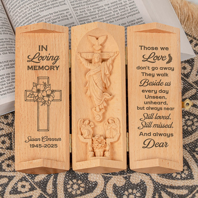 Those-We-Love-Don't-Go-Away-Memorial-Personalized-Openable-Wooden-Cylinder-Sculpture-of-Jesus-2