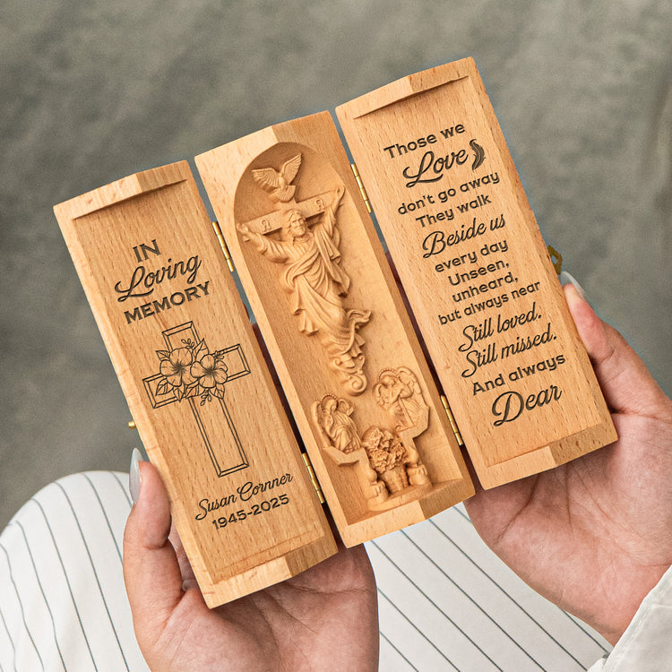 Those-We-Love-Don't-Go-Away-Memorial-Personalized-Openable-Wooden-Cylinder-Sculpture-of-Jesus-3
