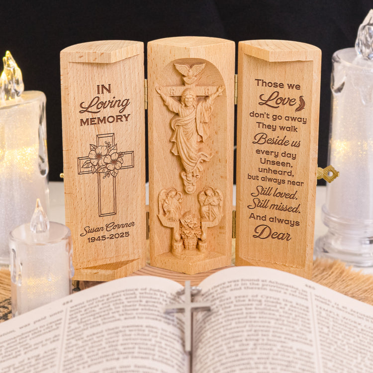 Those-We-Love-Don't-Go-Away-Memorial-Personalized-Openable-Wooden-Cylinder-Sculpture-of-Jesus-4