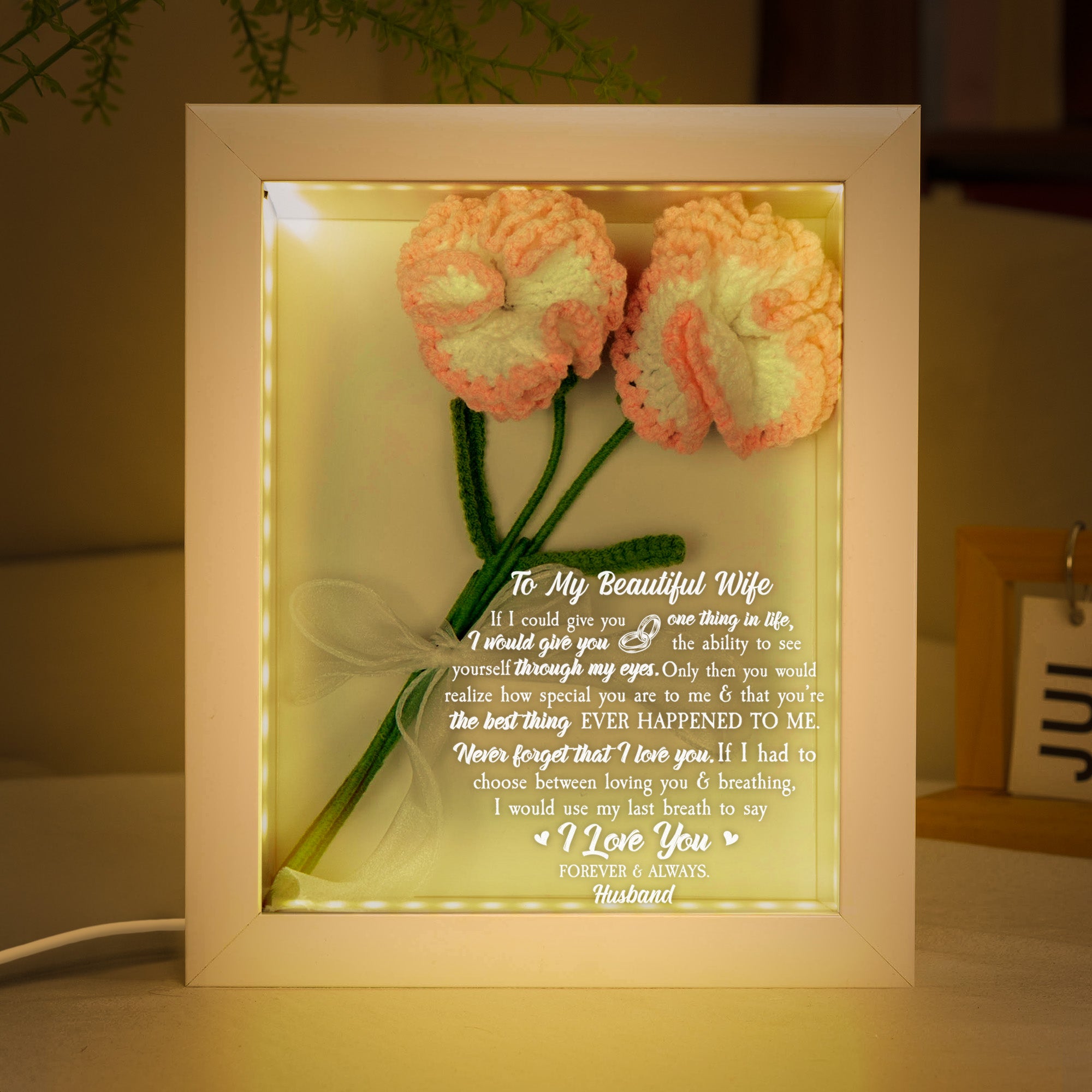 To My Beautiful Wife - Personalized Crochet Flower Shadow Box With LED Light
