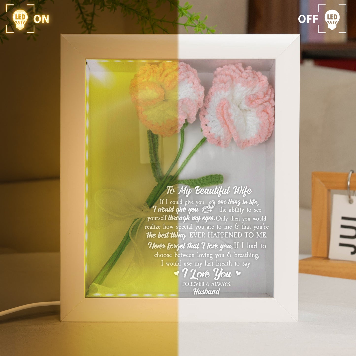 To My Beautiful Wife - Personalized Crochet Flower Shadow Box With LED Light