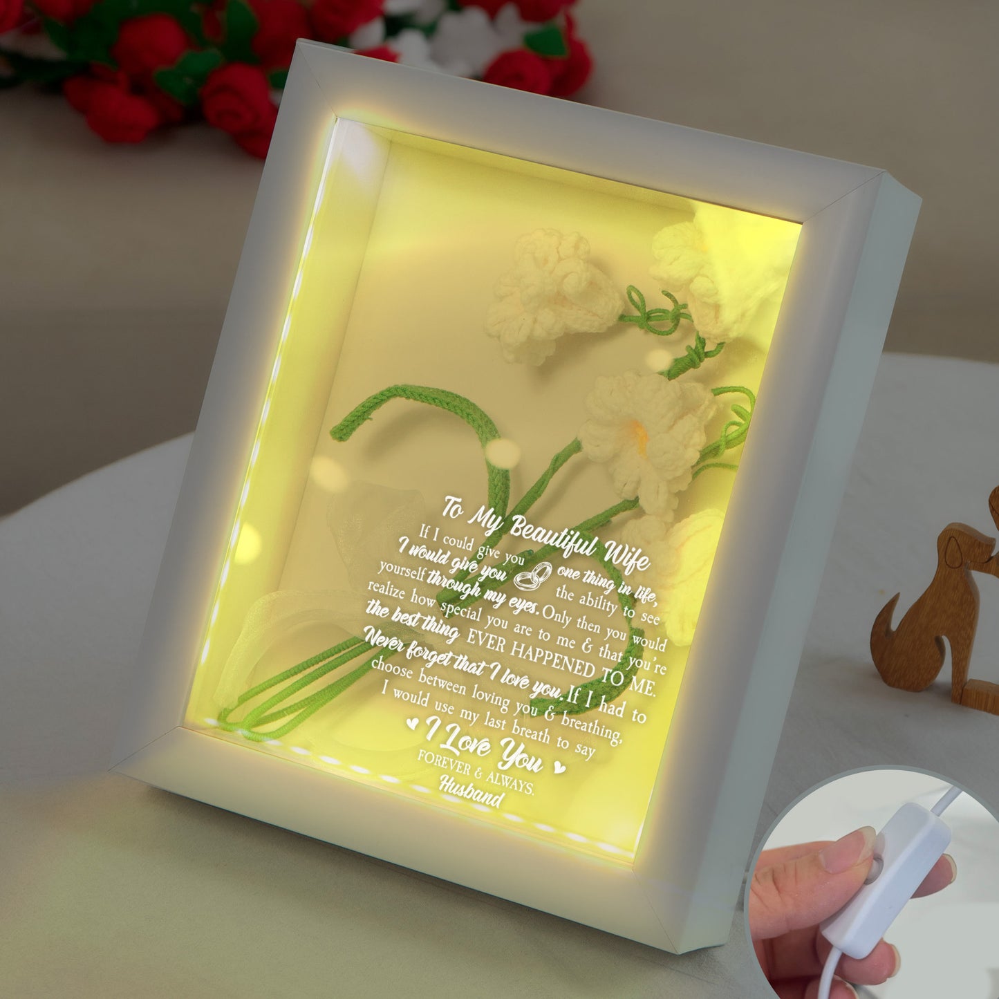 To My Beautiful Wife - Personalized Crochet Flower Shadow Box With LED Light