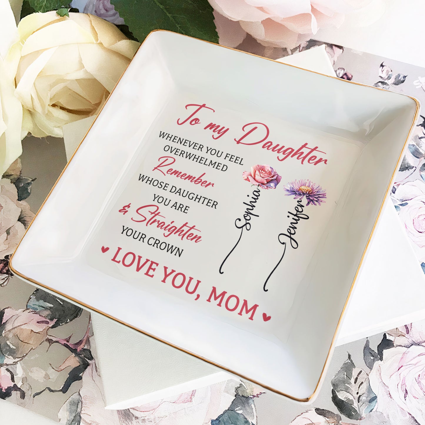 To My Daughter Gift Birth Month Flowers - Personalized Jewelry Dish