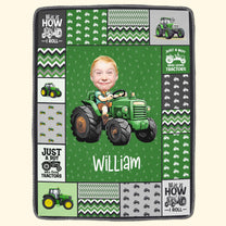 Custom Face Boy Loves Tractors - Personalized Kid Photo Blanket