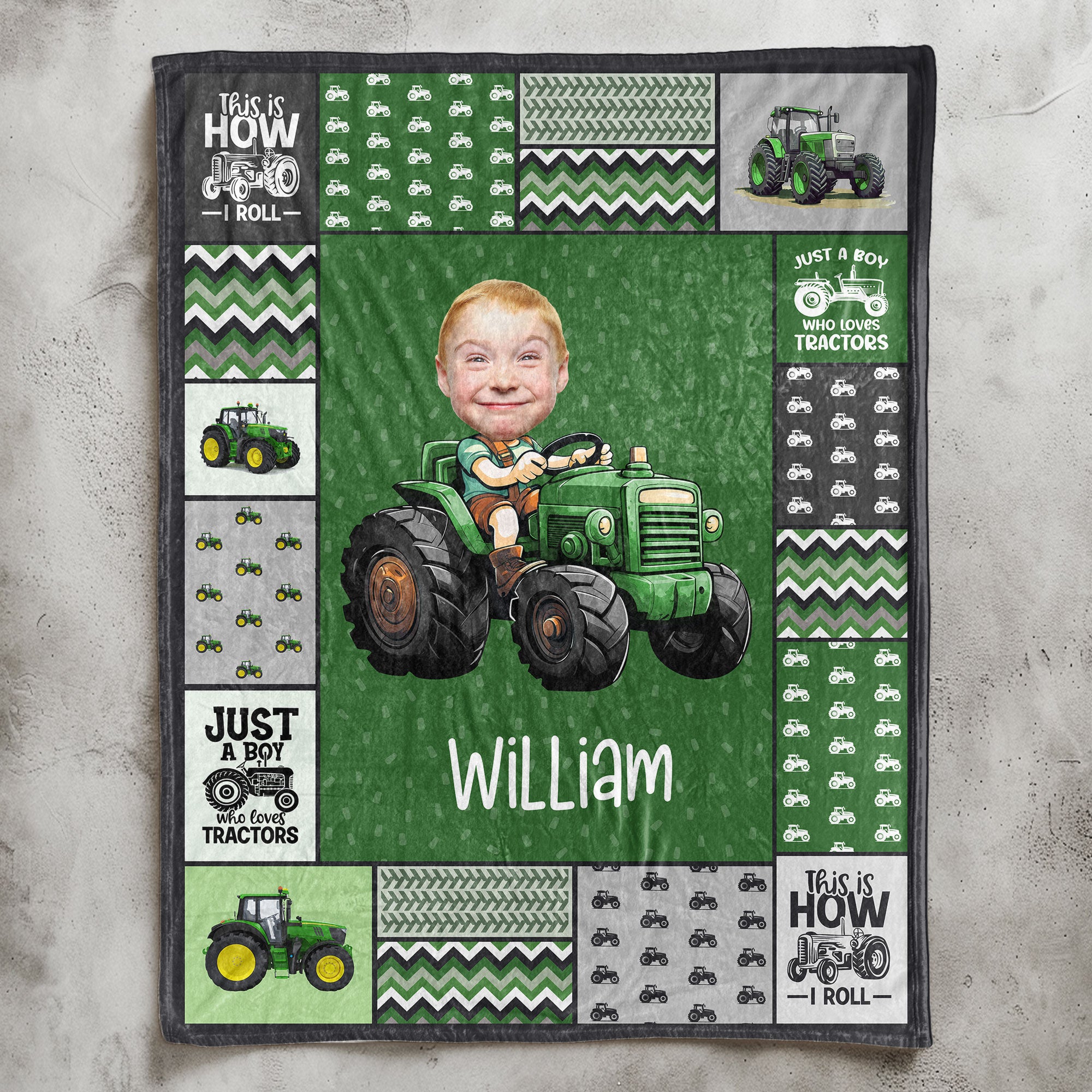 Custom Face Boy Loves Tractors - Personalized Kid Photo Blanket