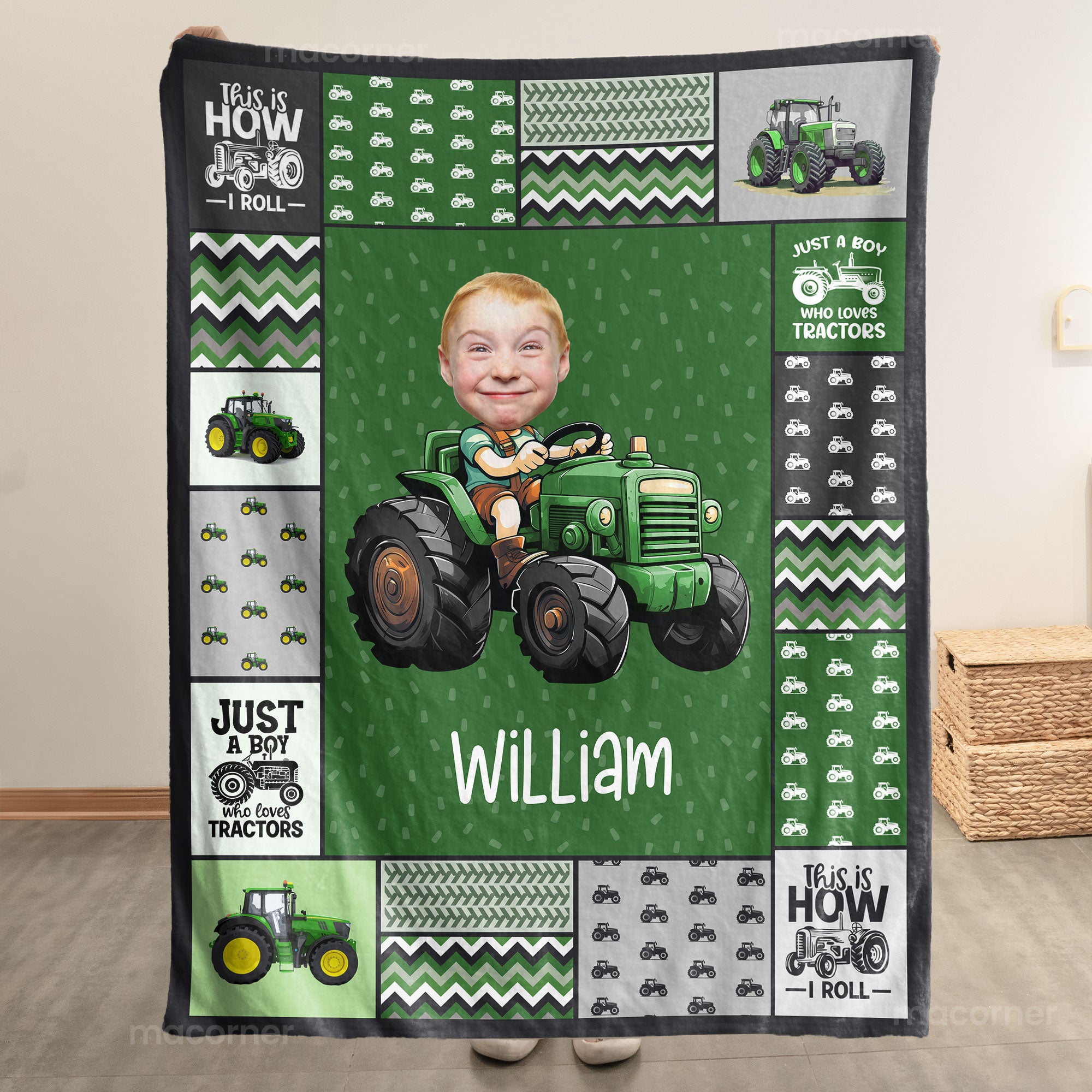 Custom Face Boy Loves Tractors - Personalized Kid Photo Blanket