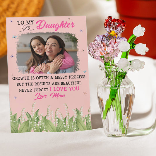 To My Daughter I Love You Birth Flower - Glass Flowers Bouquet With Custom Photo Card