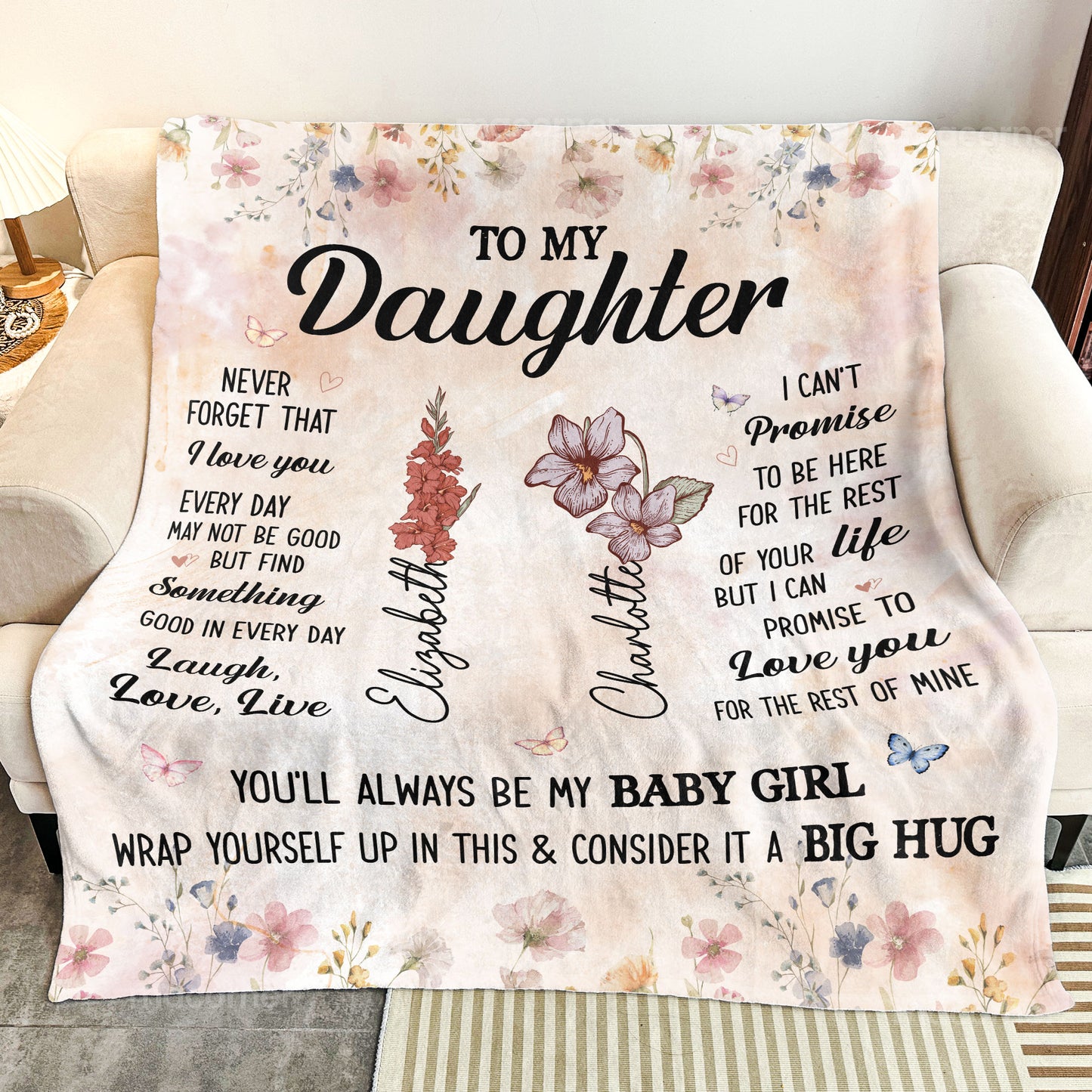 To My Daughter Think This As A Big Hug From Mom - Custom Birth Flower - Personalized Blanket