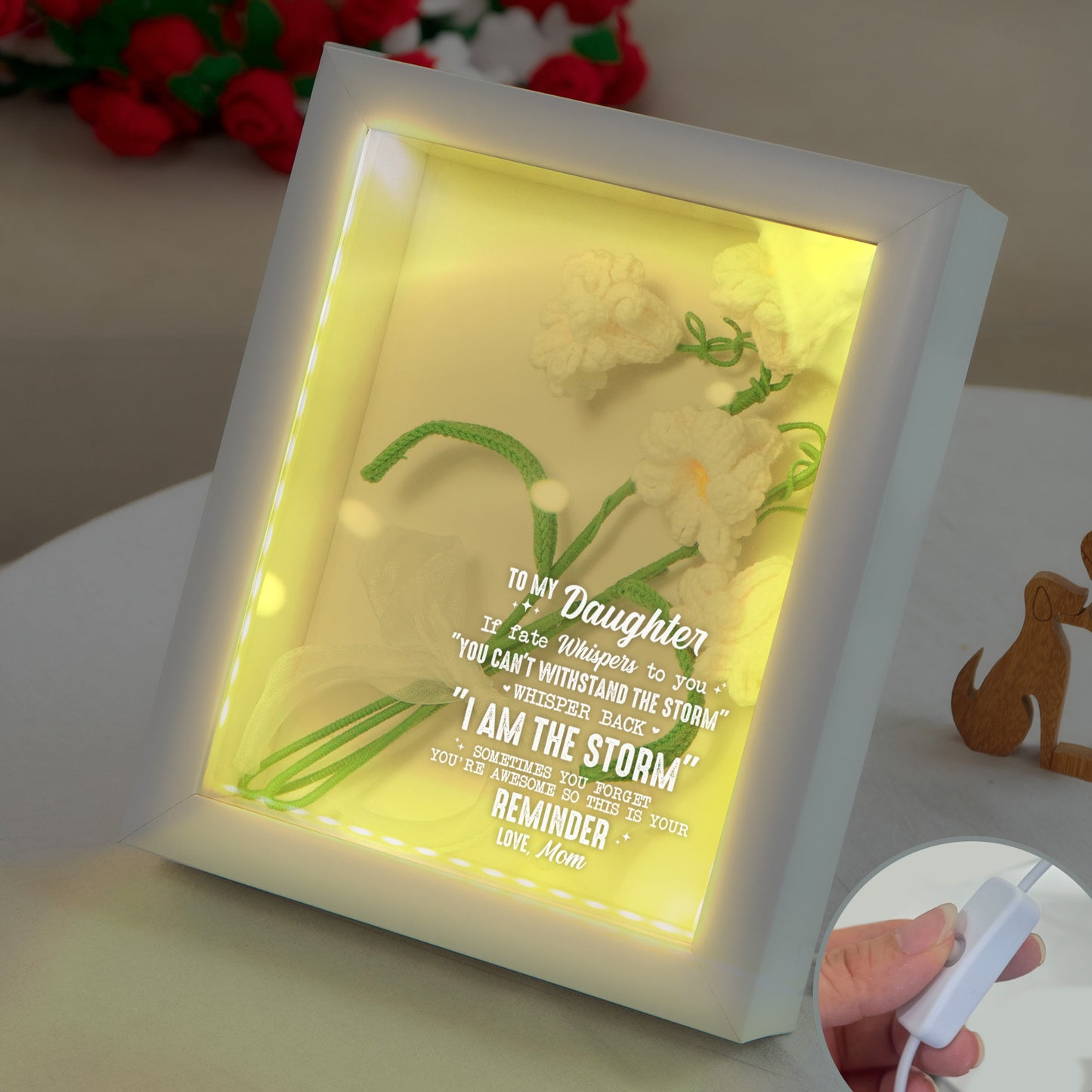 To My Daughter Whisper Back I Am The Storm - Personalized Crochet Flower Shadow Box With LED Light
