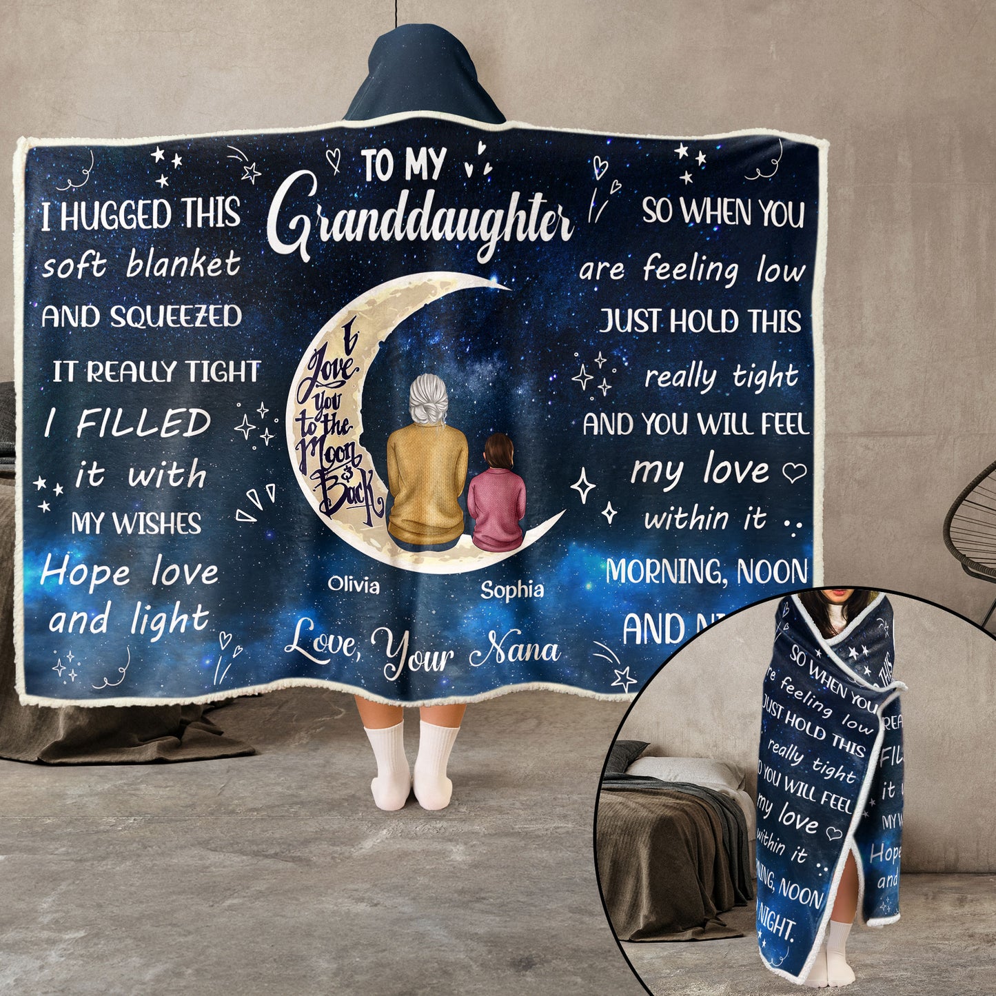 To My Granddaughter Gift Love You To The moon And Back - Personalized Wearable Blanket Hoodie