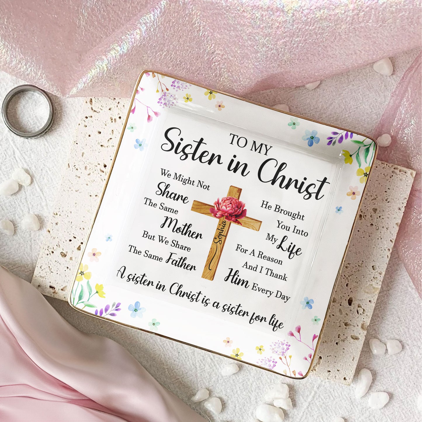 To My Sister In Christ Custom With Name & Birth Flower - Personalized Jewelry Dish