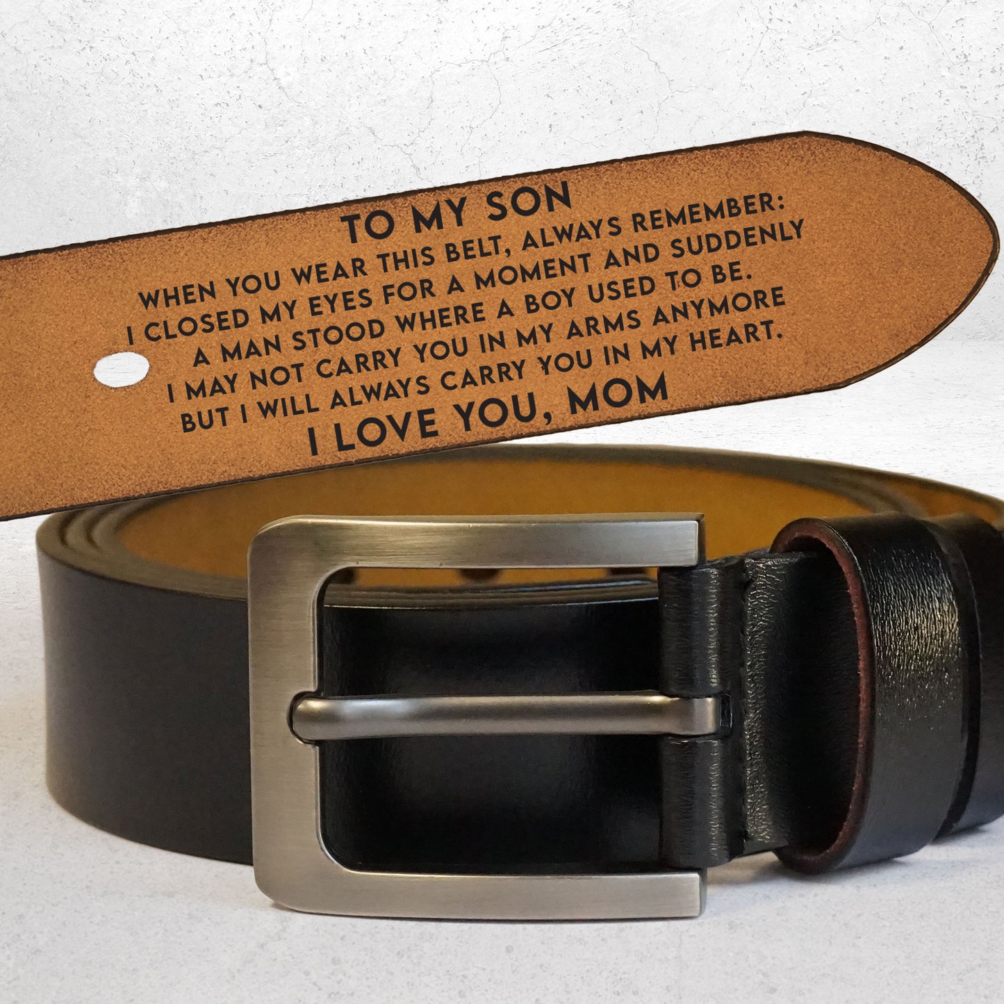To My Son I Carry You In My Heart From Mom Dad - Personalized Engraved Leather Belt