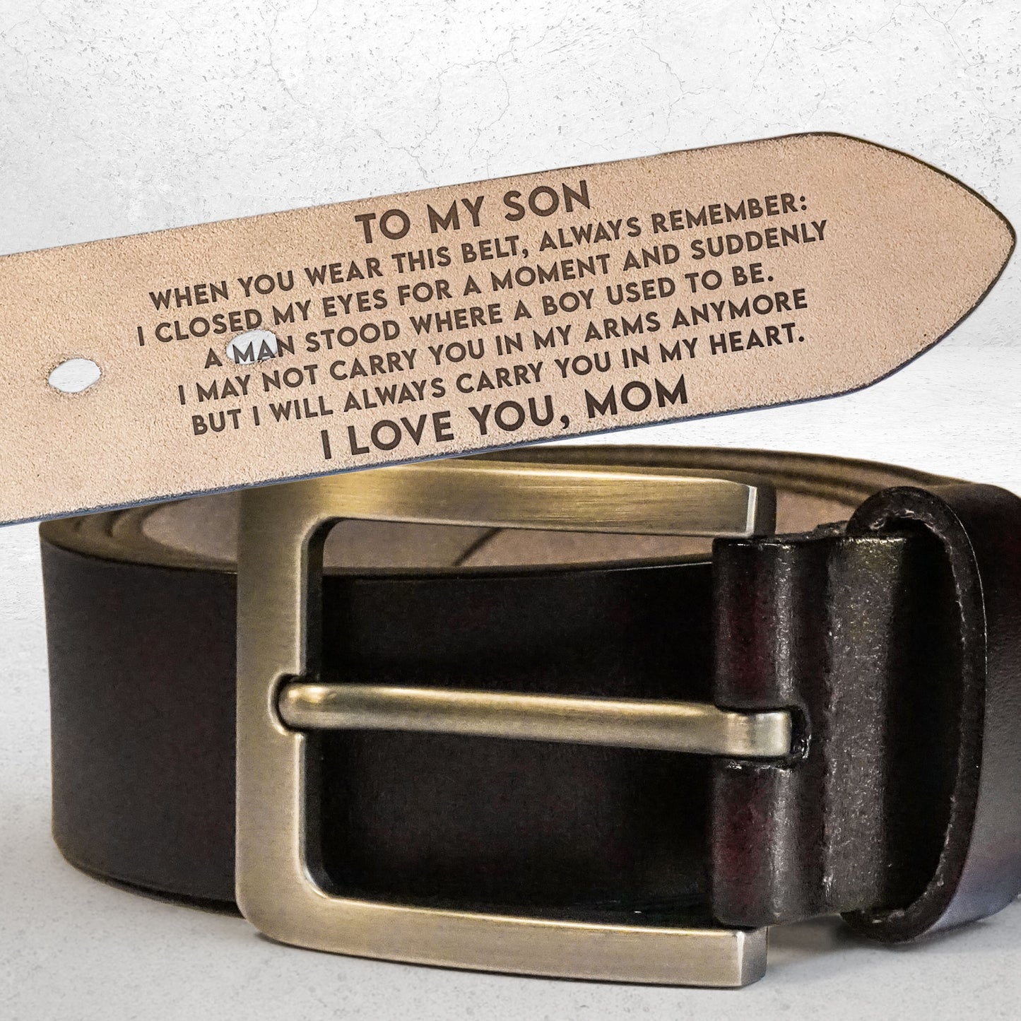 To My Son I Carry You In My Heart From Mom Dad - Personalized Engraved Leather Belt