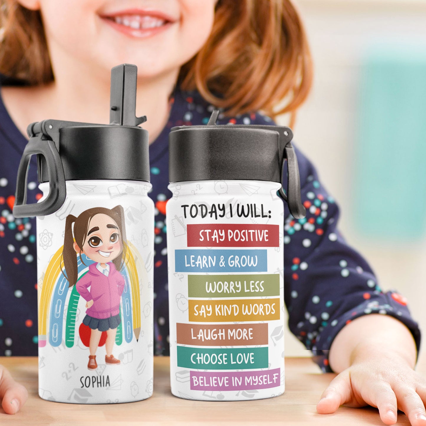 Today I Will - Personalized Kids Water Bottle With Straw Lid