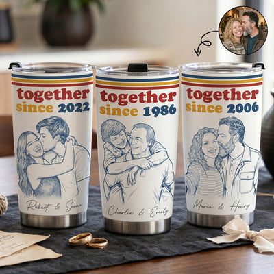 Together Since Custom Photo Sketch Line Art Anniversary Gift For Him, Her - Personalized Tumbler Cup