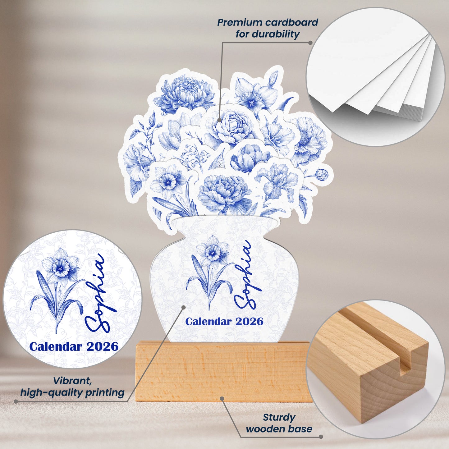 Toile De Jouy Birth Flower - Custom Easel Calendar 2026