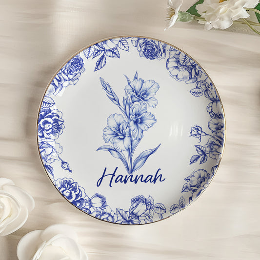 Toile De Jouy Custom Birth Flower - Personalized Jewelry Dish