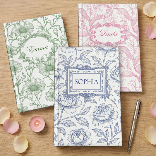 Toile De Jouy Diary Custom Birth Flower Gift For Her, Daughter, Mom, Wife, Sister - Personalized Hardcover Journal