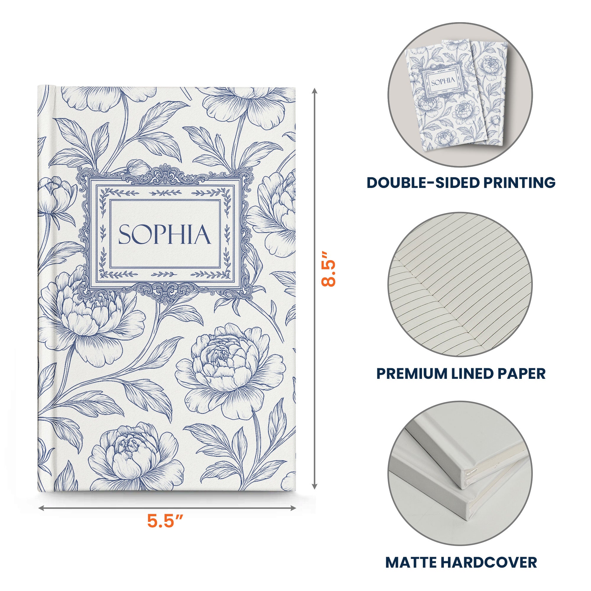 Toile De Jouy Diary Custom Birth Flower Gift For Her, Daughter, Mom, Wife, Sister - Personalized Hardcover Journal