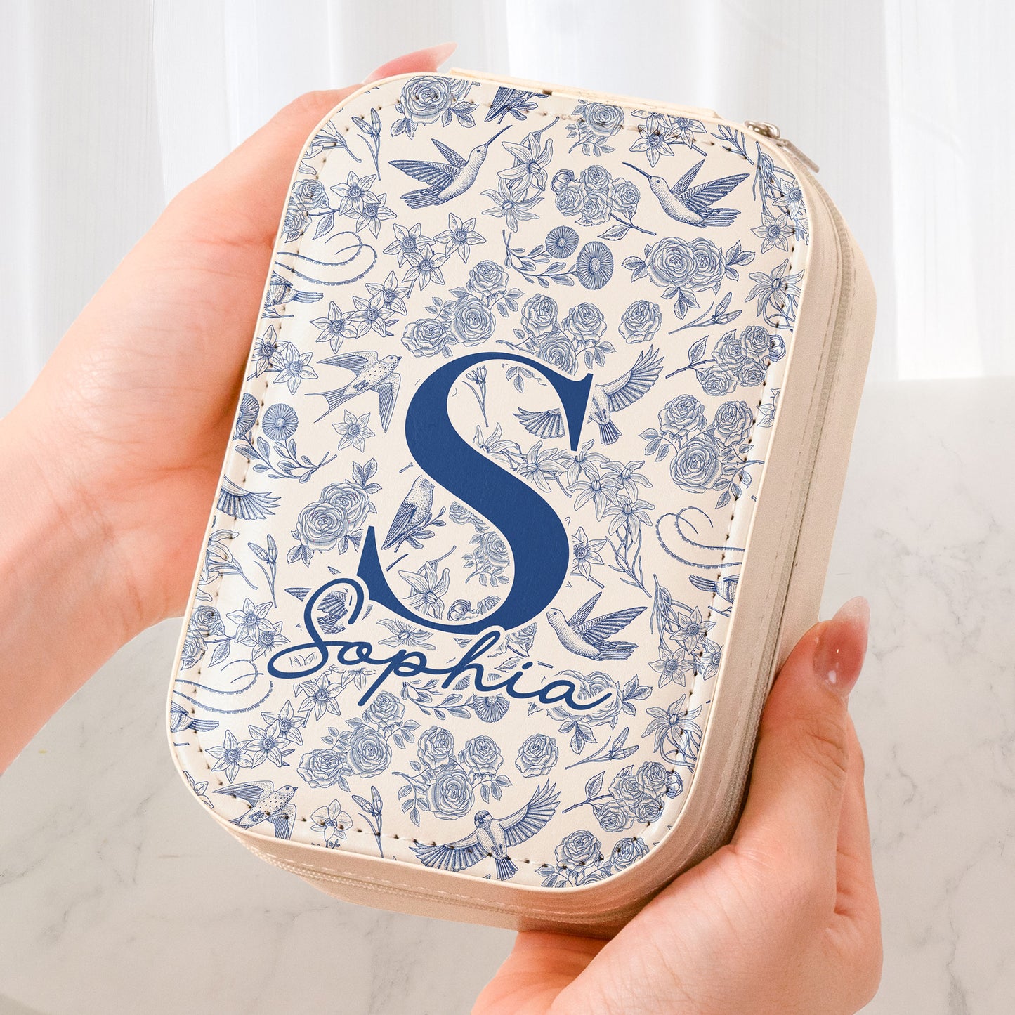 Toile De Jouy Floral Initial - Custom Makeup Box With LED Mirror