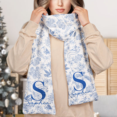 Toile De Jouy Floral Initial - Personalized Fleece Scarf