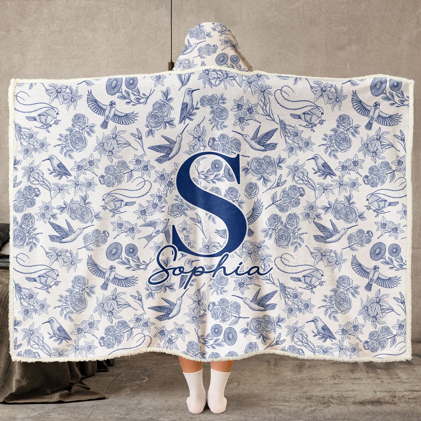 Toile De Jouy Floral Initial - Personalized Wearable Blanket Hoodie