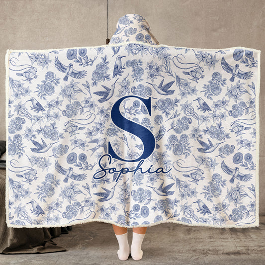 Toile De Jouy Floral Initial - Personalized Wearable Blanket Hoodie