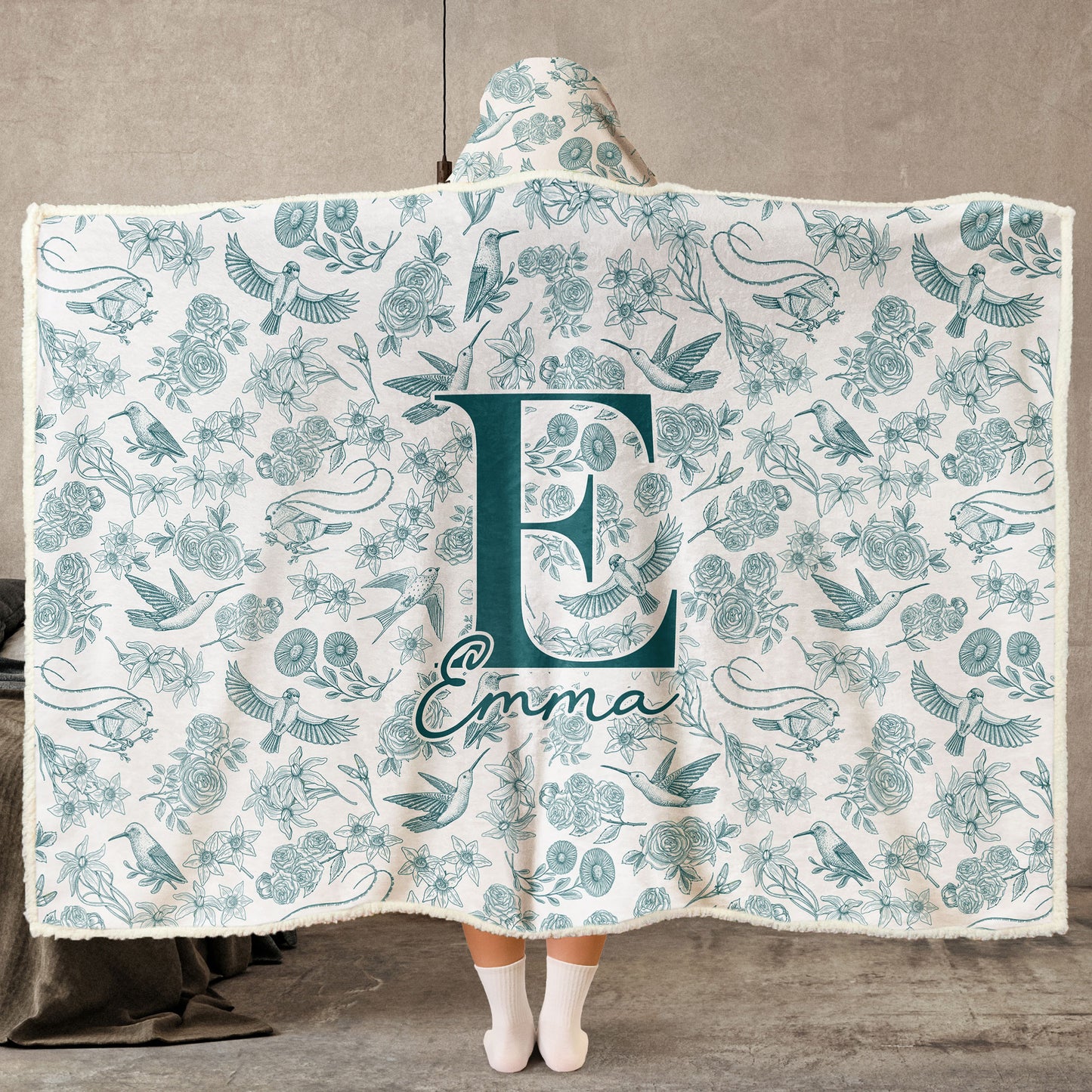 Toile De Jouy Floral Initial - Personalized Wearable Blanket Hoodie