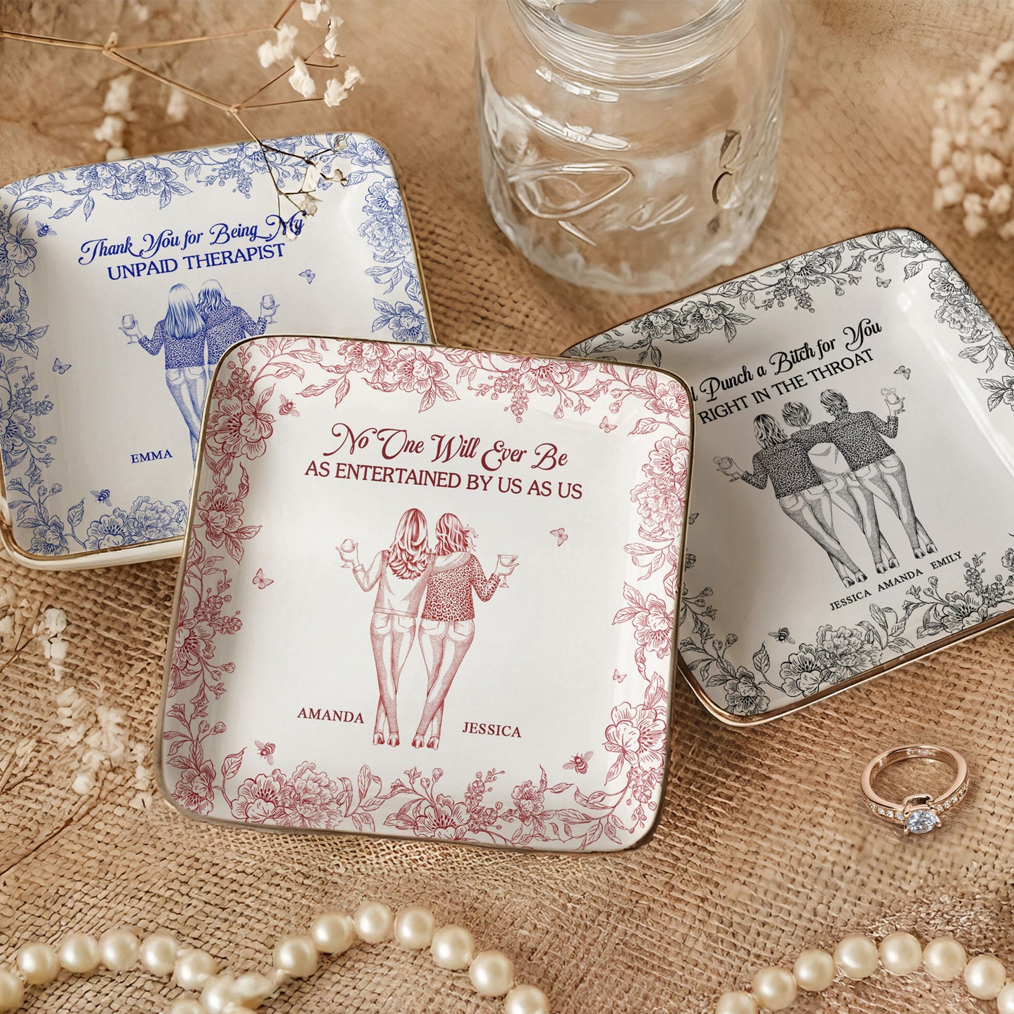 Toile De Jouy Group Of Besties, Sisters, Friends - Friendship Thank You Gifts - Personalized Jewelry Dish