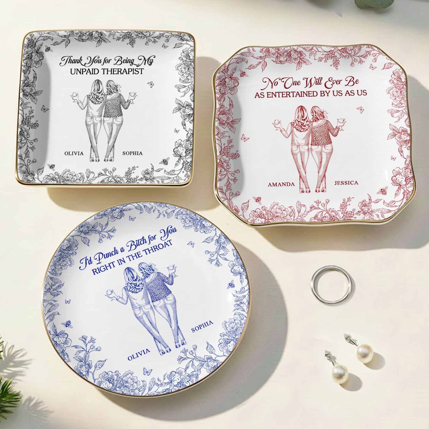 Toile De Jouy Group Of Besties, Sisters, Friends - Friendship Thank You Gifts - Personalized Jewelry Dish