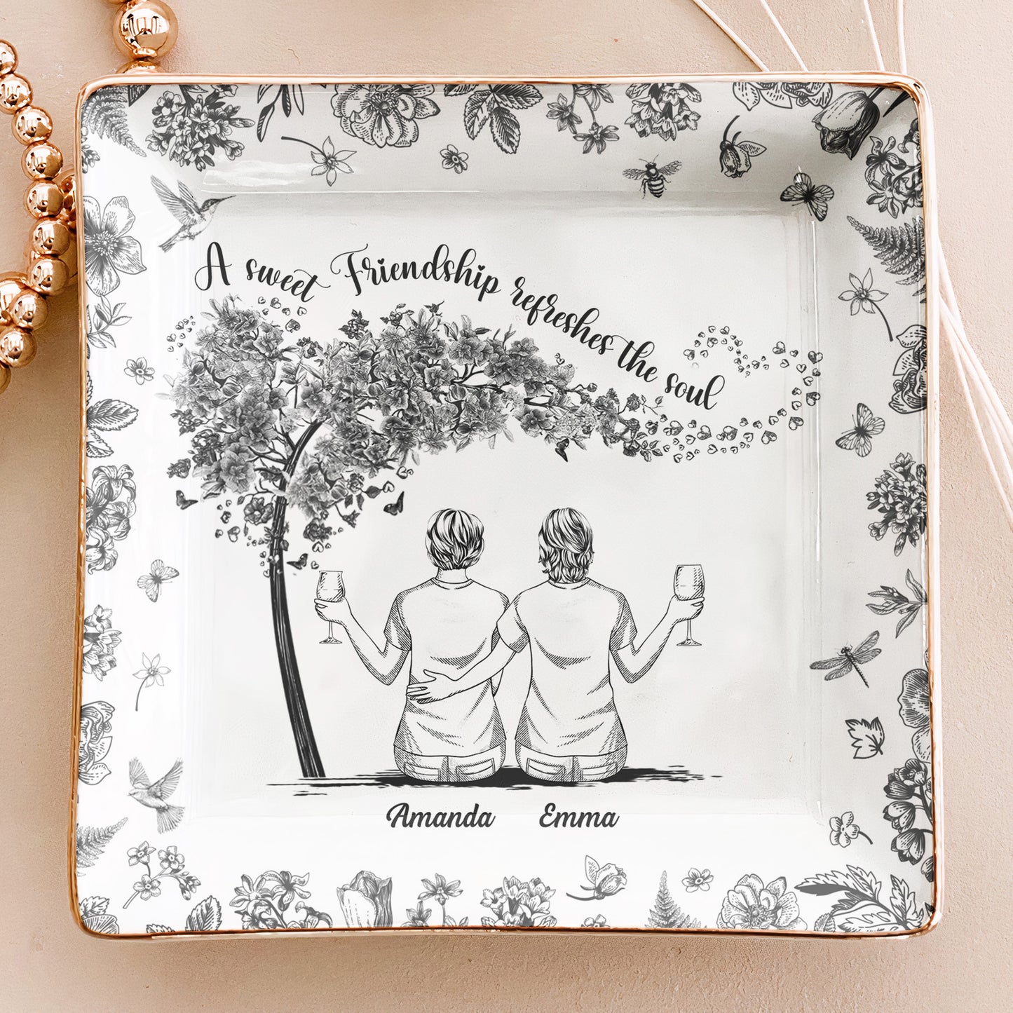 Toile De Jouy Group Of Besties, Sisters, Friends - Thank You Gifts For Her - Personalized Jewelry Dish