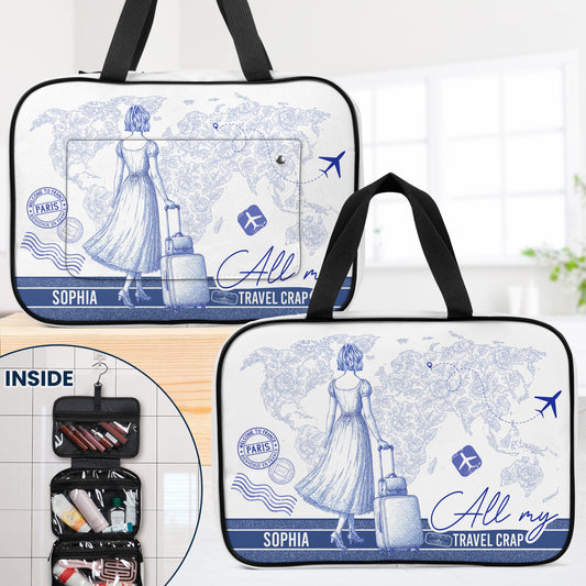 Toile De Jouy Traveling Girl - Personalized Hanging Toiletry Bag