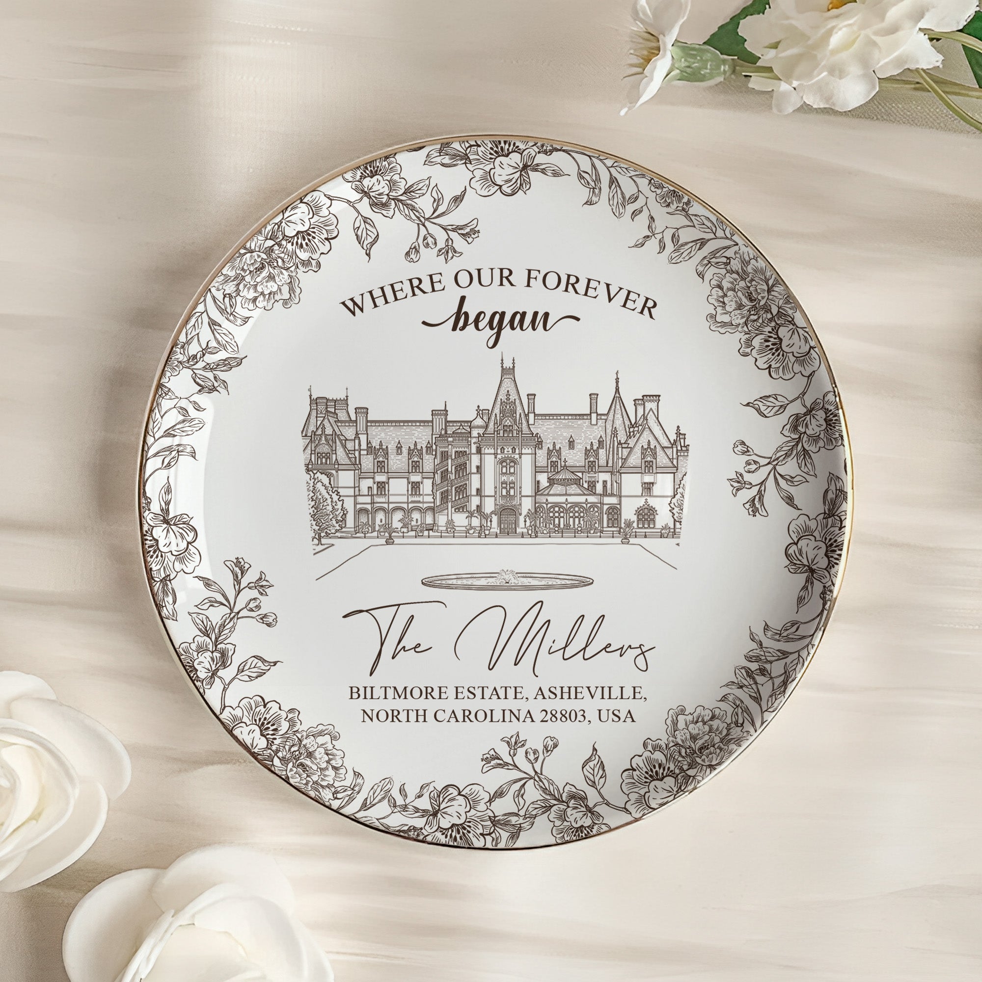 Toile-De-Jouy-Custom-Photo-Wedding-Venue-Illustration-Drawing-Gifts-For-Bride,-Her-Personalized-Jewelry-Dish-5