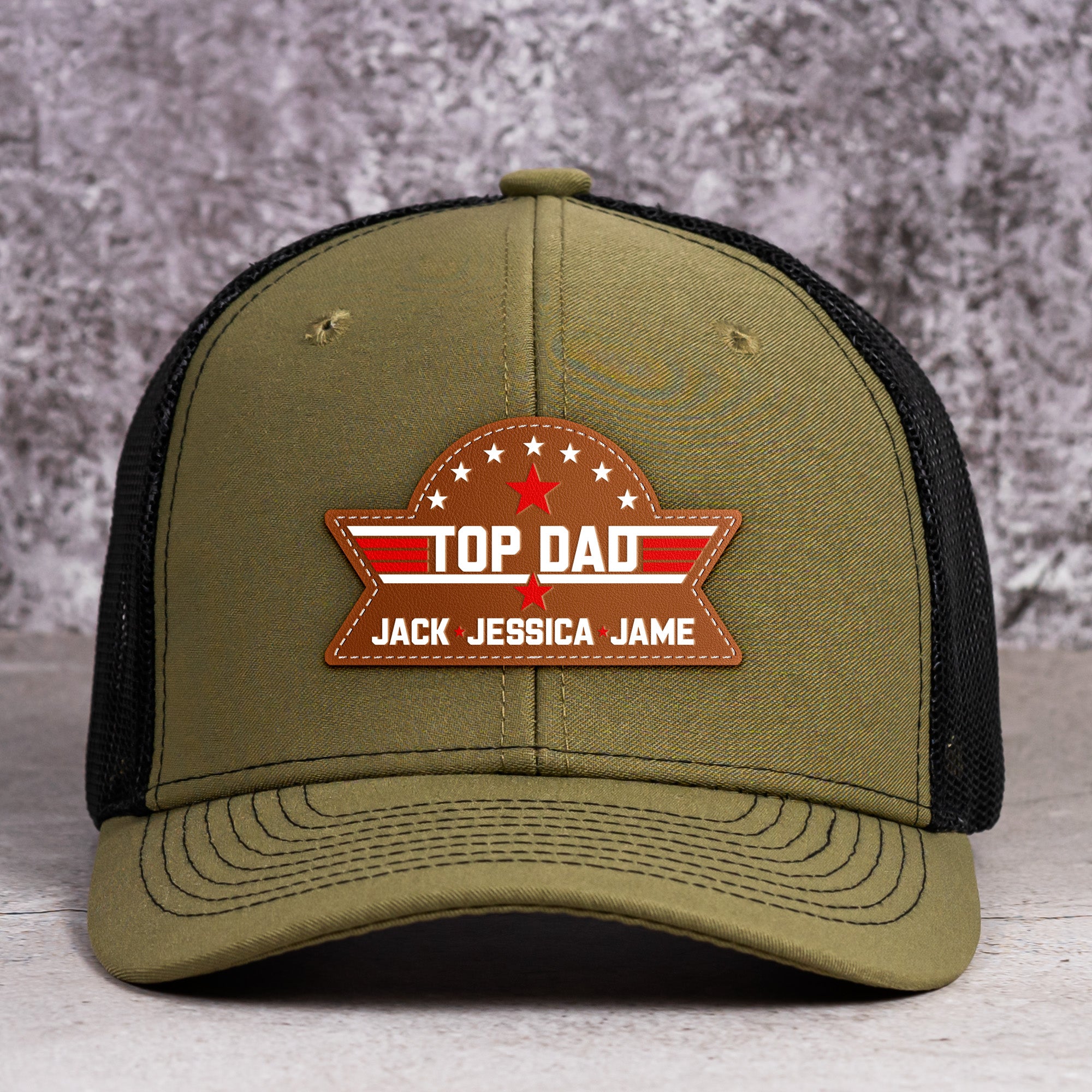 Top Dad, Grandpa, Papa - With Kids' Names - Personalized Leather Patch Hat