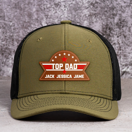 Top Dad, Grandpa, Papa - With Kids' Names - Personalized Leather Patch Hat
