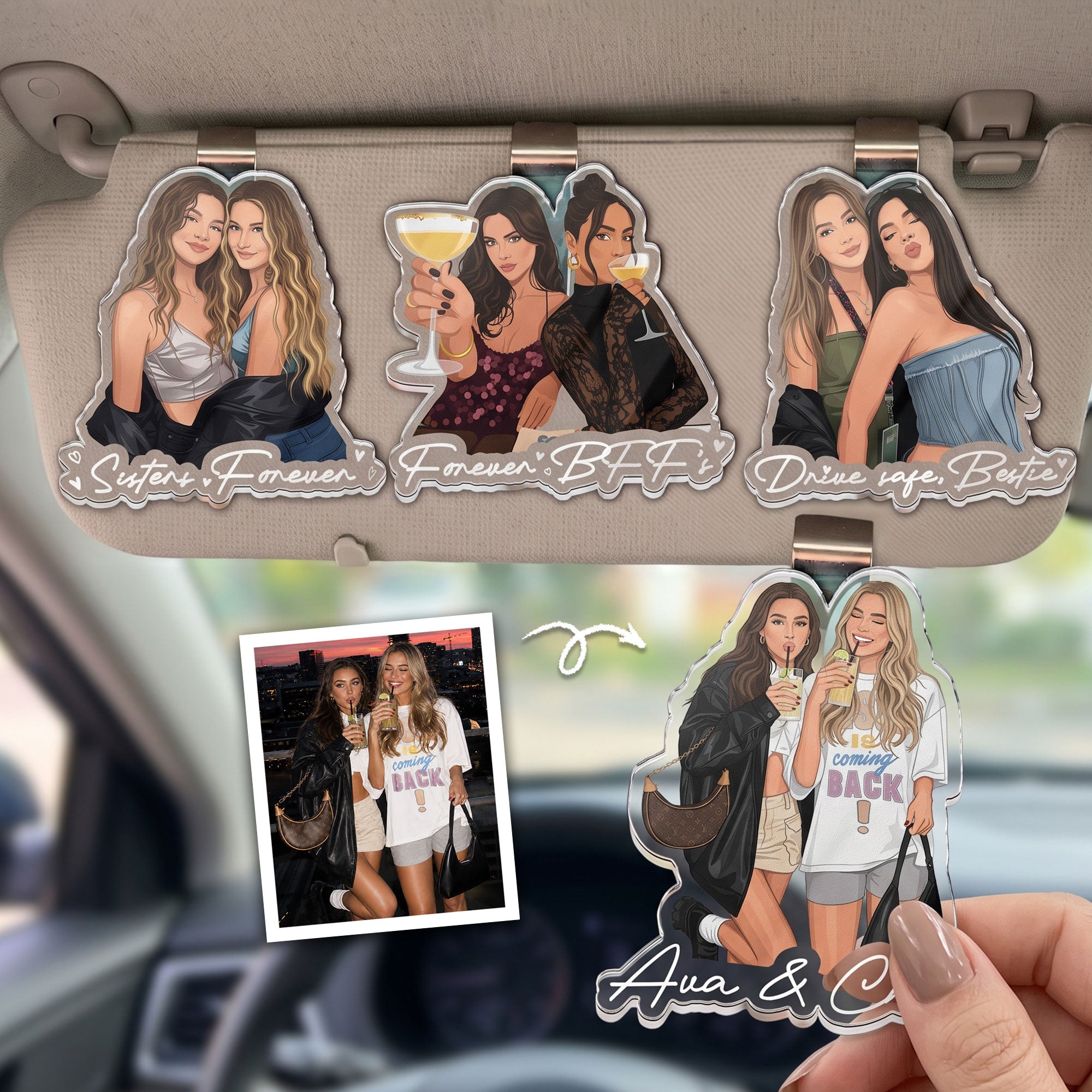 Turn-Your-Photo-Into-Art-Besties-Forever,-Friendship-Thank-You-Gift-Personalized-Car-Visor-Clip-1