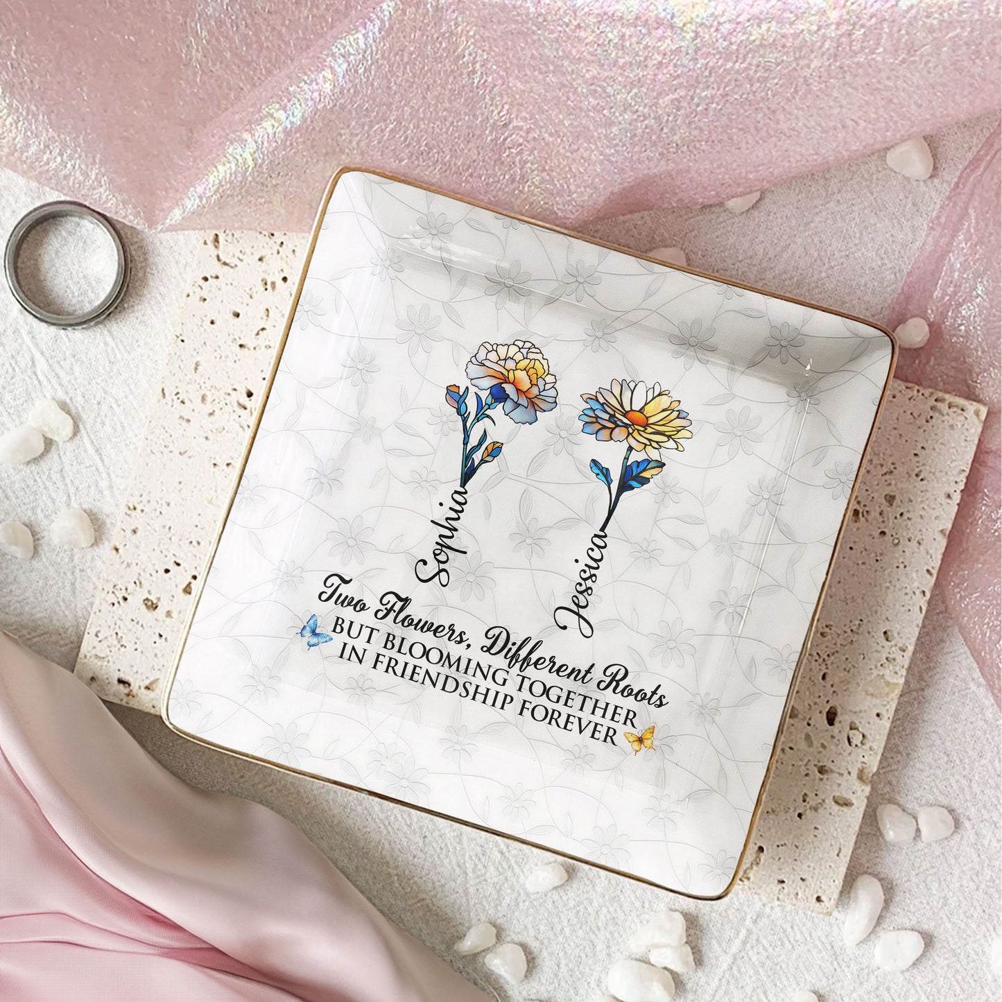 Two Flowers Different Roots Blooming Friendship Forever - Personalized Jewelry Dish